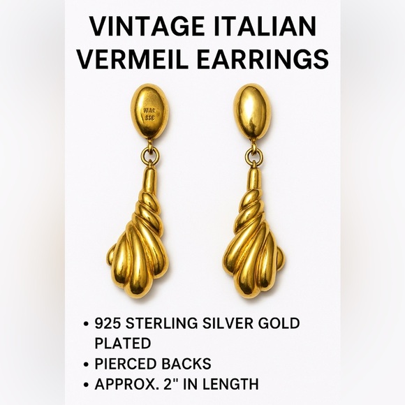 Vintage Italian Vermeil Earrings – 925 Sterling Silver Gold Plated Drop Design - Picture 5 of 5